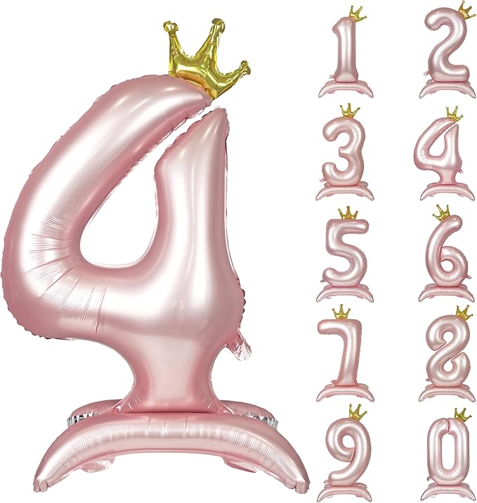 Pink Crown Number 4 Balloon Standing Pink Princess digital 4 Foil Balloon | by YOIOZAIZAI