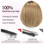 EMMOR Human Hair Toppers for Women Short Bob Real Hair with Bangs 10" Side Part Hairpieces for Women with Thin Hair 6.5" × 6.5" Larger Base Human Wig Toppers(Ombre Light Brown)