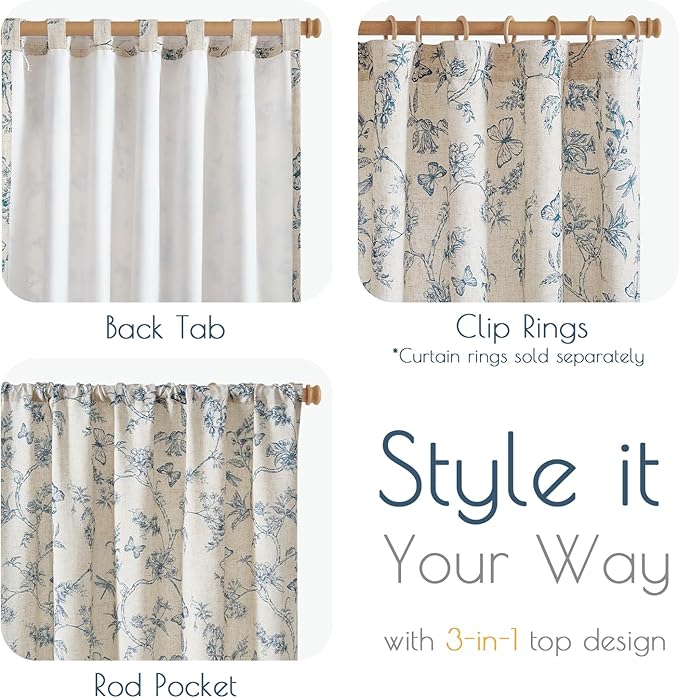 Blue Floral Linen Lined Curtains Rod Pocket 50W X 90L 2 Panels | Charlotte - Image 5