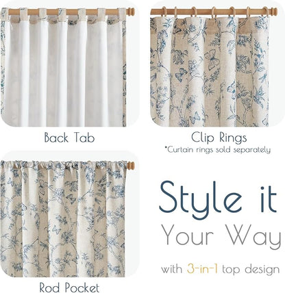 Blue Floral Linen Lined Curtains Rod Pocket 50W X 84L 2 Panels | Charlotte - Image 6