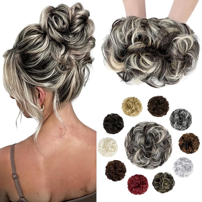 Messy Bun Hair Piece Wavy Curly Scrunchies Fluffy Donut Thick Updo Elegant Chignon Hairpieces for Women Girls, Dark Brown Mix Bleach Blonde 1.4oz