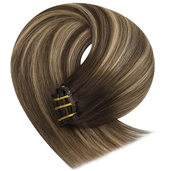 YoungSee Clip in Hair Extensions Balayage Brown Hair Extensions Clip ins Invisible Clip Hair Extension Real Human Hair Balayage Chocolate Brown Mix Caramel Blonde Clip in Extension Straight 14In 120G