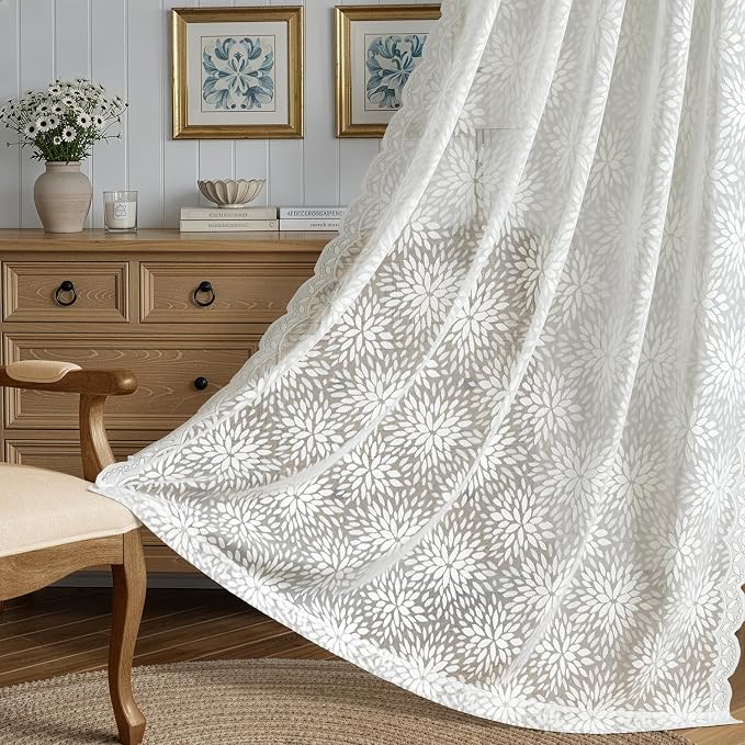 MIULEE Vintage Floral Scalloped Lace Curtains 2 Panels, Semi Sheer Curtains - Image 3