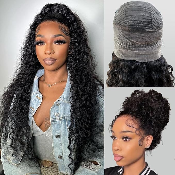 360 Glueless Wigs Human Hair 24 Inch Pre Plucked Hidden Strap Deep Wave Lace Front Human Hair Wigs With Drawstring 180 Density Wet and Wavy HD Full Lace Front Wigs Human Hair