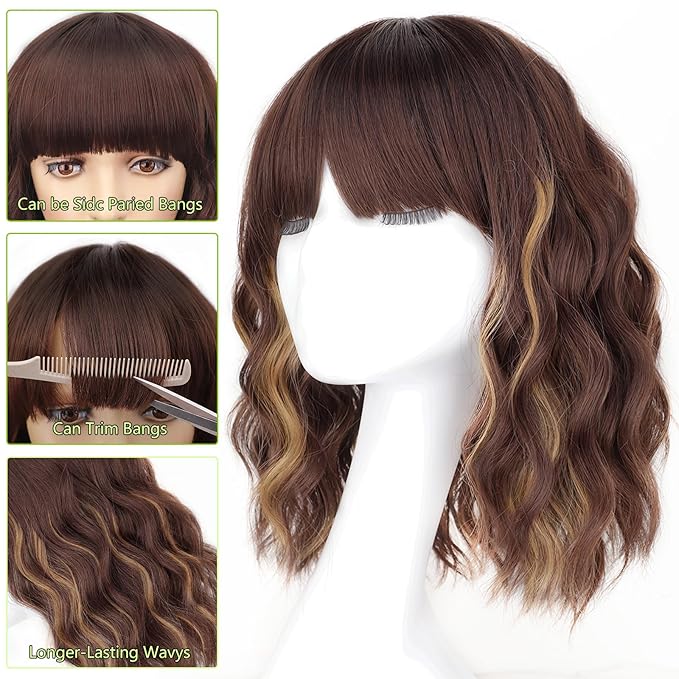 AISI HAIR Curly Bob Wig with Bangs Short Wavy Chestnut Mixed Dark Brown Color Wigs for Women Bob Style Synthetic Heat Resistant Bob Wigs