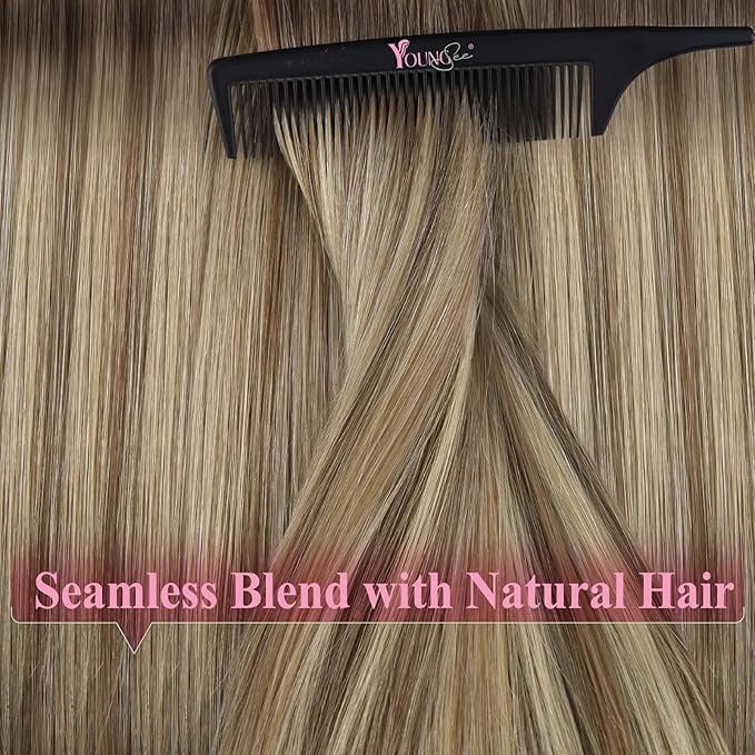 YoungSee Tape in Hair Extensions Human Hair Brown Tape in Hair Extensions Balayage Tapes ins Human Hair Extension Light Brown Ombre Platinum Blonde Hair Extension Tape-in 18 Inch 20pcs 50g