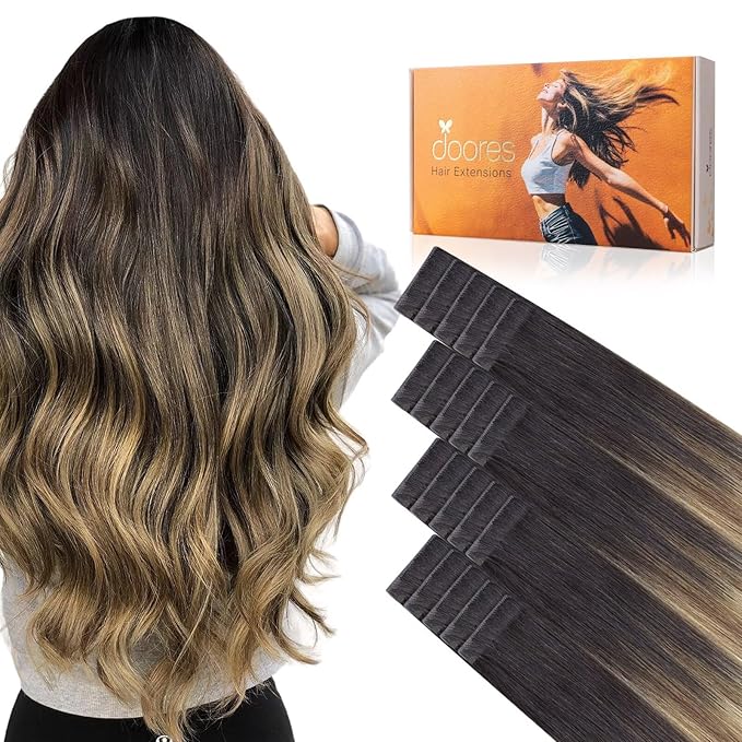DOORES Invisi Edge Hair Extensions Real Human Hair Tape in, Dark Brown to Dirty Blonde 10 Injection Tape-ins with 10 Injection Tape-ins 50g 14 Inch, Injected Tape in Extensions Straight