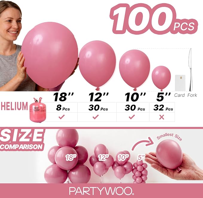 PartyWoo Mauve Dusty Balloons 100pcs Pink Rose Color 18 12 10 5 Inch | Balloons - Image 6