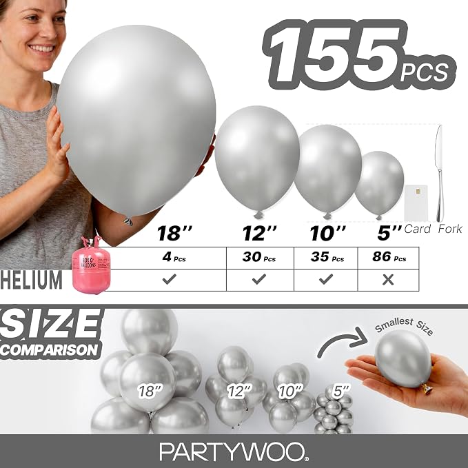 PartyWoo Silver Balloons 155pcs Different Sizes of 18 12 10 5 Inch | Balloons - Image 6