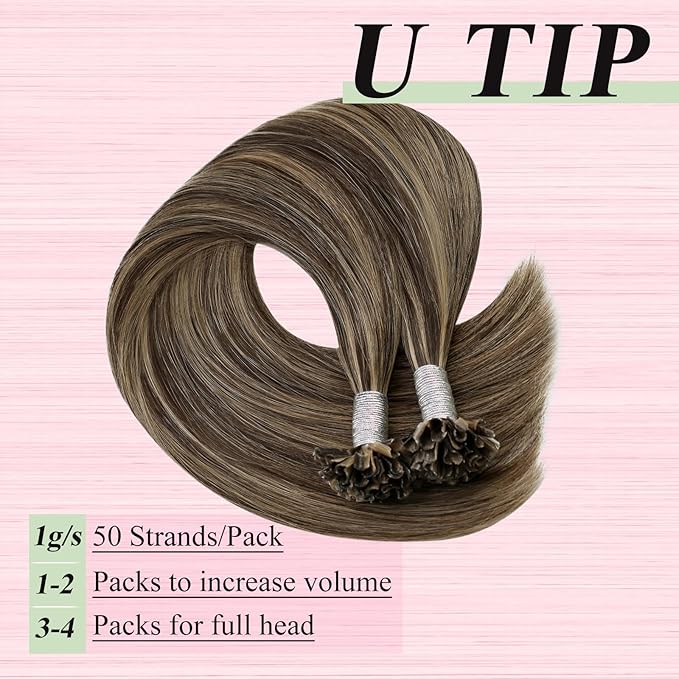 YoungSee U Tip Hair Extensions Human Hair Highlight Utip Hair Extensions Human Hair Highlight Brown Mixed Blonde Hair Extensions Hot Fusion Ktips Hair Extension U Tip 20In 1G/S 50G for Wedding