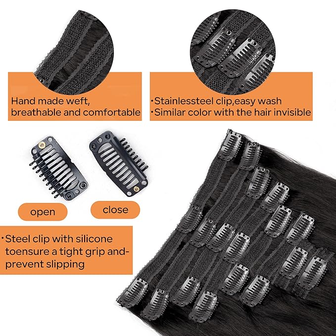 Straight Clip In Hair Extensions Real Human Hair 8Pcs Clip In Jet Black Human Hair Extensions with 18Clips Lace Weft 120g 18inch
