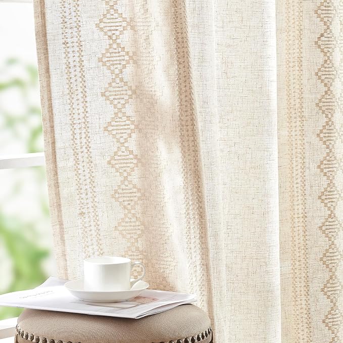 jinchan Floral Linen Curtains Embroidered Back Tab 50x96in 2 Panels Ivory | by JINCHAN