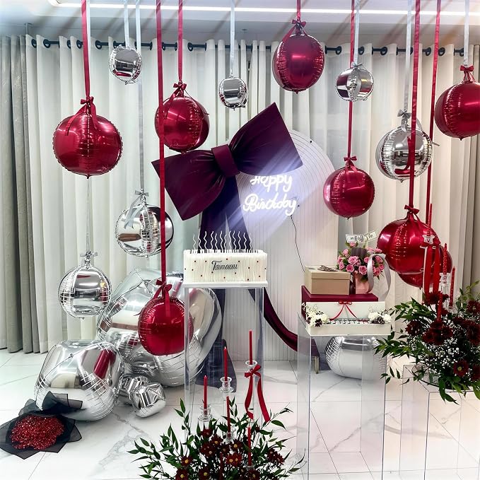 9 Pcs Burgundy Silver Round Foil Balloons Maroon Wine Red Metallic Silver - Image 3