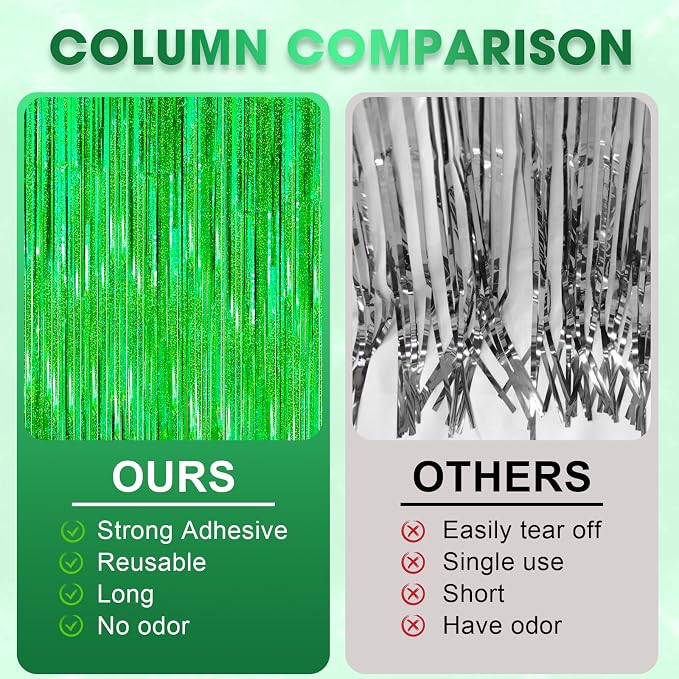Voircoloria Laser Green Foil Fringe Backdrop Curtains, 2 Pack | Tinsel Streamers - Image 6