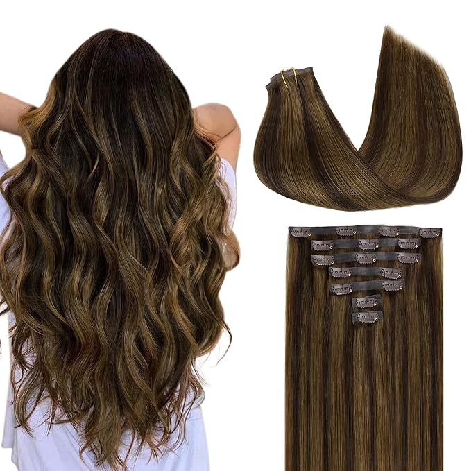 GOO GOO Clip in Hair Extensions Real Human Hair, Remy Human Hair Extensions Clip ins for Women, Natural Human Hair, 18inch 130g 7Pcs, 2C/4E/6C Brown Sugar Swirl Highlights