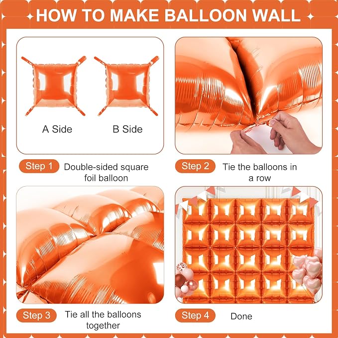 Orange Square Foil Balloons 25 Pcs Metallic Orange Balloons Wall Backdrop - Image 3