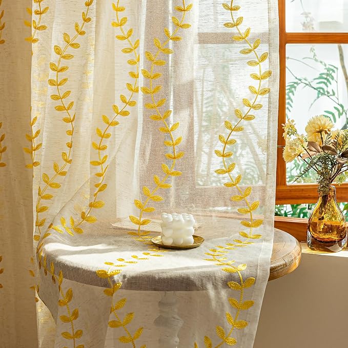 2 Panels Linen Leaf String Floral Embroidered Semi Sheer Curtain Farmhouse by AmHootextile