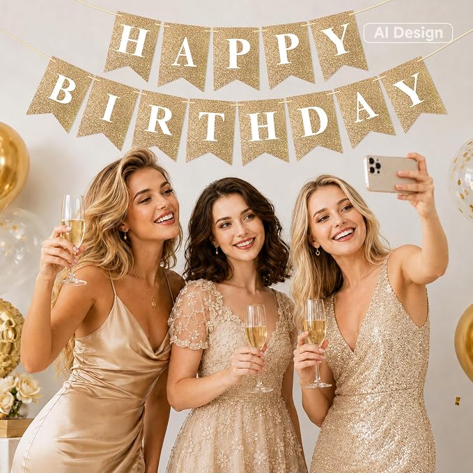 Pre-Strung Gold Happy Birthday Banner Glitter Birthday Party Banner NO DIY | - Image 4