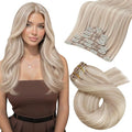 Moresoo Blonde Clip in Hair Extensions Blonde Highlights Human Hair Clip in Extensions Ash Blond with Bleach Blond Remy Human Hair Long 120g/7pcs 22 inch