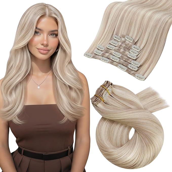 Moresoo Clip in Hair Extensions Real Human Hair Ash Blonde with Bleach Blonde Hair Extensions Clip ins Blond Highlights Remy Human Hair Straight Double Weft 120g/7pcs 16 inch