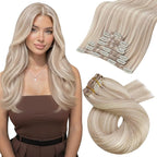 Moresoo Clip in Hair Extensions Remy Double Weft Human Hair Clip in Extensions Straight Hair Extensions for Women Ash Blonde Highlight with Blonde 7pcs 120g 24inch