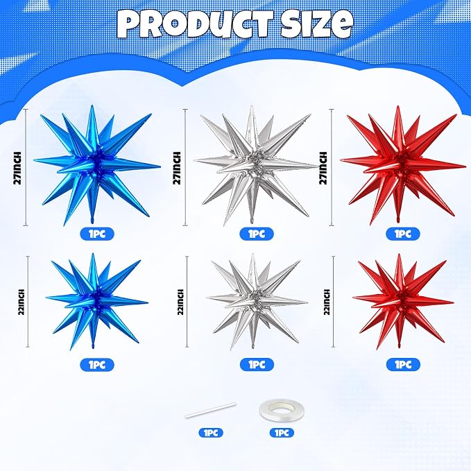 Red Blue Silver Star Balloons, 22/27 Inch Blue and Red Silver Star Shaped - Image 2