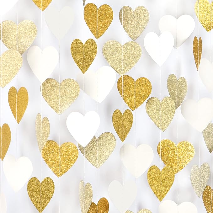 White-Gold Champagne Party-Decorations Heart Streamers Garland - 52Ft Christmas by LastingSurprise