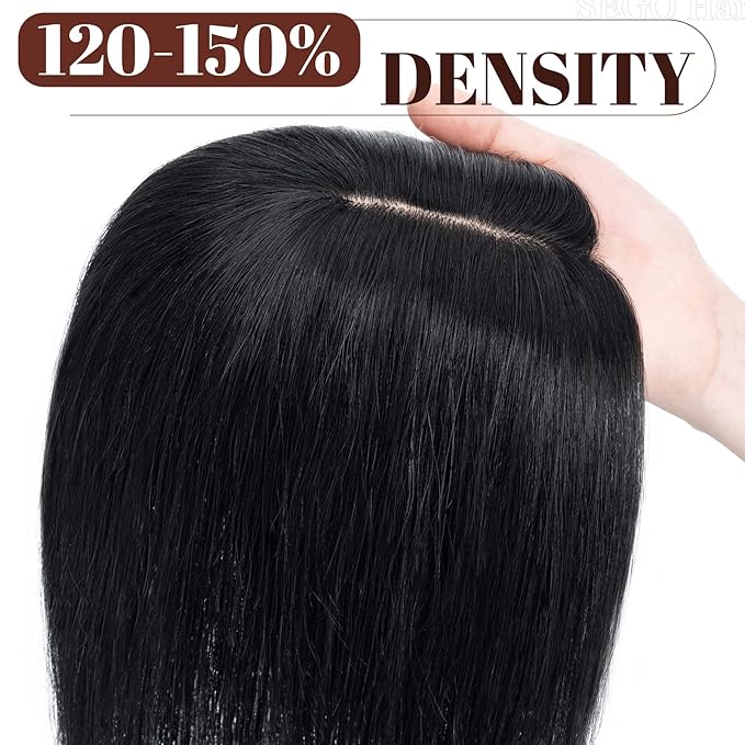 SEGO Real Human Hair Topper for Women, No Bangs Hair Topper with Anti-Slip Clips (18 Inches Jet Black)