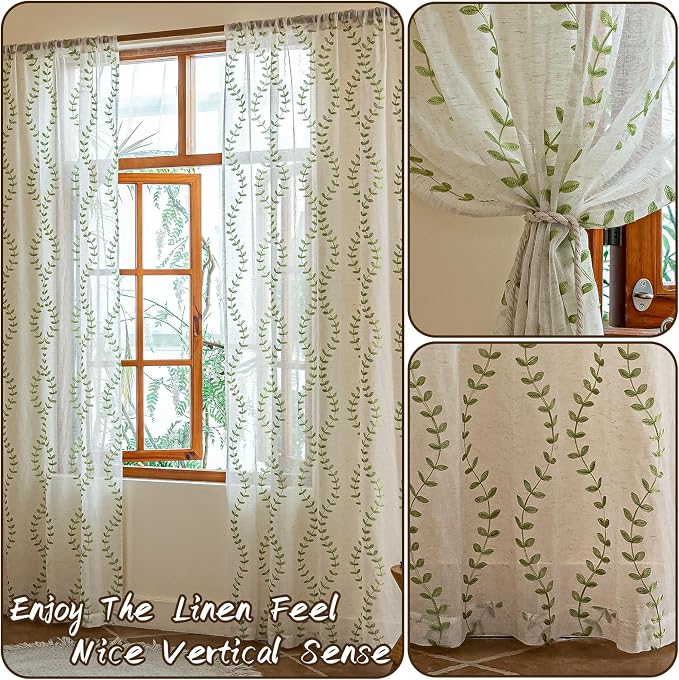 2 Panels Linen Leaf String Floral Embroidered Semi Sheer Curtain Farmhouse - Image 3