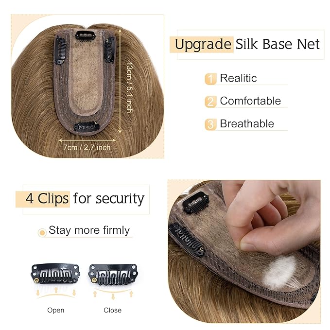 SEGO Human Hair Toppers for Women With Thinning Hair, 7 * 13CM Silk Base 100% Real Human Hair Clip in Top Wiglet Hairpieces /16 Inch No Bangs Light Brown