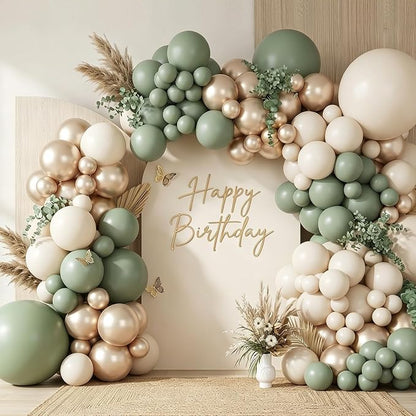 122Pcs Sage Green Cream Gold Balloon Arch Kit, 18 12 10 5 Inch Balloons | Olive by ZizasAry