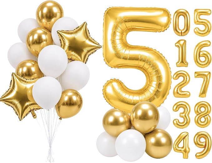PartyWoo Number Balloons 40 Inch Gold Number 5 Kit 25pcs by PartyWoo