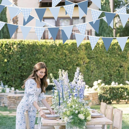 32Ft Dusty Blue Party Decorations Retro Blue Gingham Triangle Banner Flag - Image 7