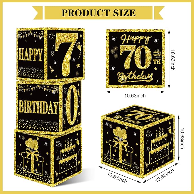 Eiurteao 3pcs Black Gold 70th Birthday Decorations Boxes - Image 3