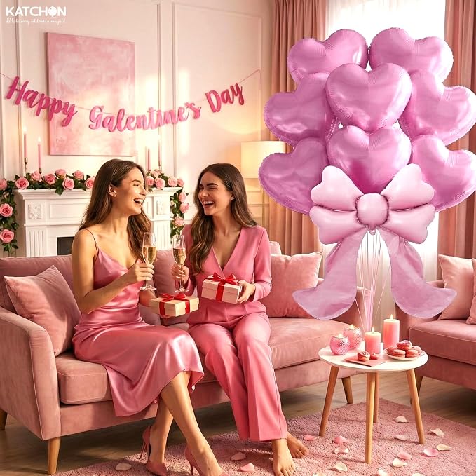 KatchOn Heart & Bow Balloons Set Pink, Heart Shaped Balloons, Valentine - Image 3