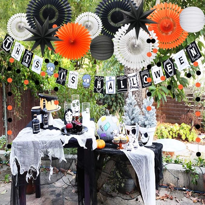 Orange White Black Halloween Decorations, Hanging Tissue Paper Fans Circle - Image 3