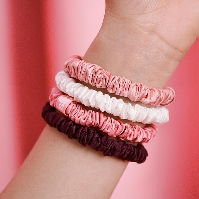 slip Skinny Scrunchies in Candy Cane Ornament Packaging: Anti-Crease, Anti-Breakage Slipsilk™ Design Protects Delicate Hair | Includes 4 Pure Silk Scrunchies