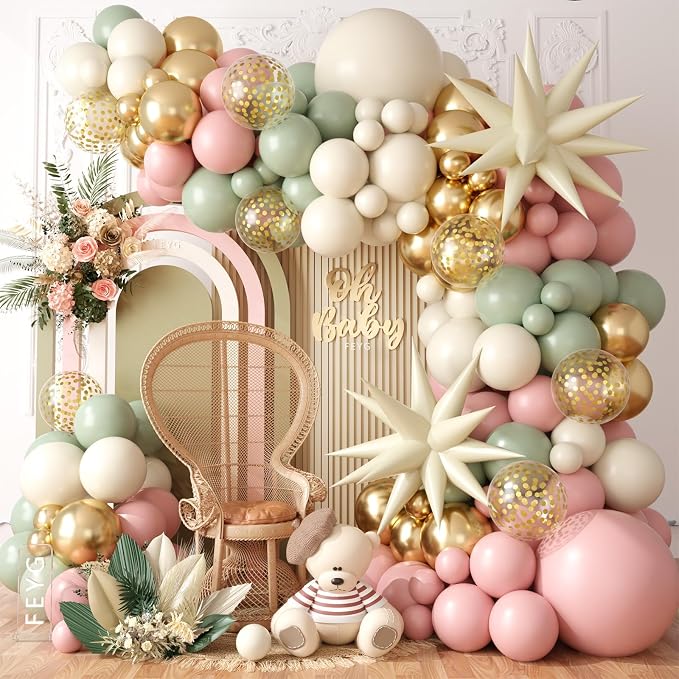Sage Green Pink Balloon Arch Garland Kit, Sage Green Pink Sand White Beige by FEYG