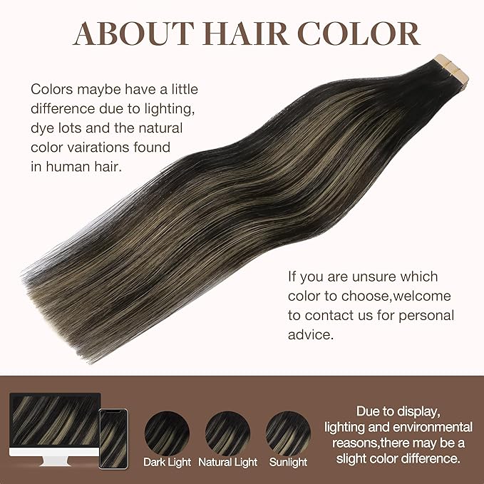 GOO GOO Tape in Hair Extensions Human Hair, 1B/19/1B Natural Black to Light Blonde, 18inch 25g 10pcs, Skin Weft Seamless Invisible, Silky Straight with Thick Ends, Remy Human Hair