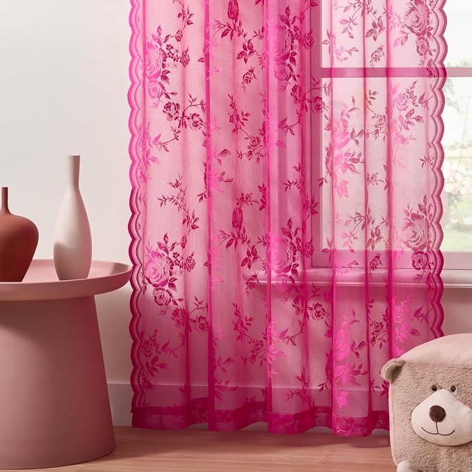 Raspberry Lace Curtains 72 Inch Length 2 Panels set Vintage Floral Sheer - Image 5