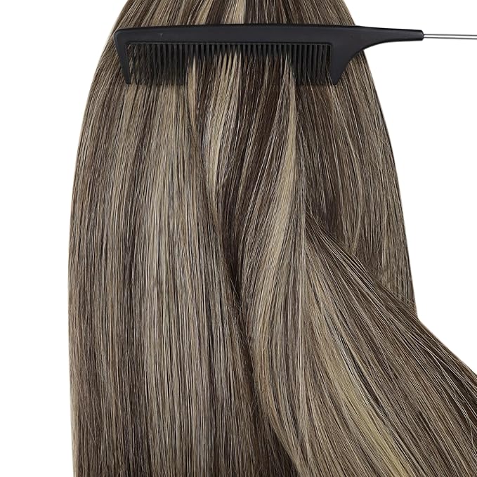 YoungSee Invisible Nano Rings Hair Extensions Dark Brown with Caramel Blonde Pre Bonded Nano Human Hair Extensions Highlight Brown Human Hair Nano Extension Silky Straight 16inch 50grams 50strands
