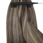YoungSee Nano Ring Hair Extensions Brown Highlight Nano Beads Hair Extensions Real Human Hair Dark Brown Highlights Caramel Blonde for Daily Wear Nano-Link Remy Hair Extension 14 inch 50s 50g
