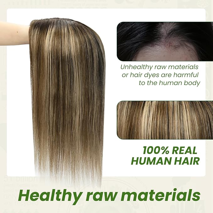 HAIR Toppers for Women Real Human Hair 150 Density 14 inch 65 grams 6x7 inch Natural Black to Chocolate Brown and Caramel Blonde lace Silk Base Clip in Hair Pieces for Women（#1B427 14inch）