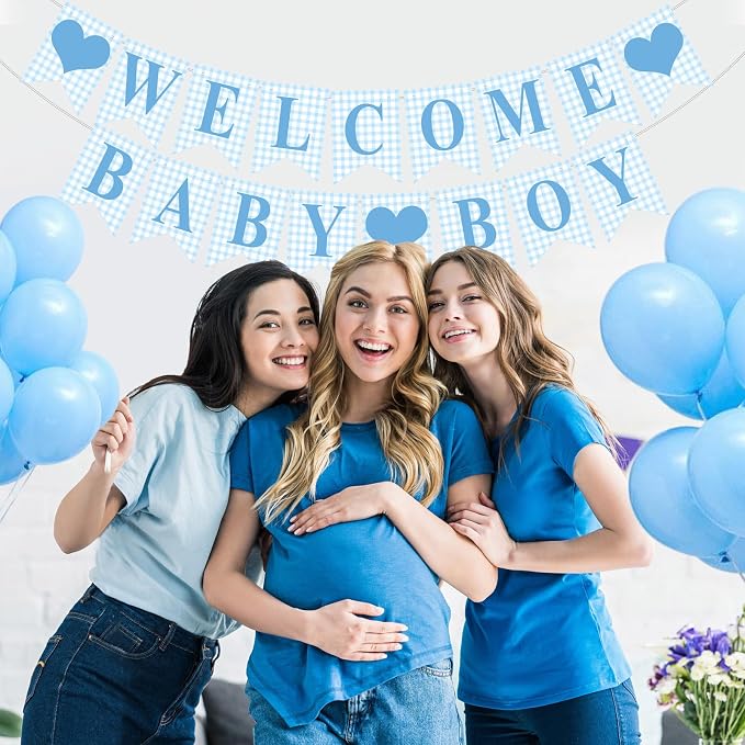 Hahafelt 1 Pcs Blue Gingham Welcome Baby Boy Banner - Image 6
