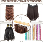 【2 Pack】 Wood Hair Extension Holder for Hair Storing, Washing, Drying, Coloring, Styling, Foldable Belt Hanger, Rotating Multi-Purpose Hooks Hanger, Hanging Closet Organizer