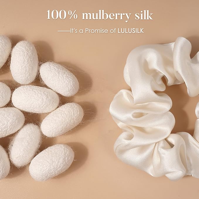 LULUSILK Silk Scrunchies for Hair Sleep, 100% Real Mulberry Silk, No Damage Hair Ties for Women and Girls, Gorgeous White, Pack of 3
