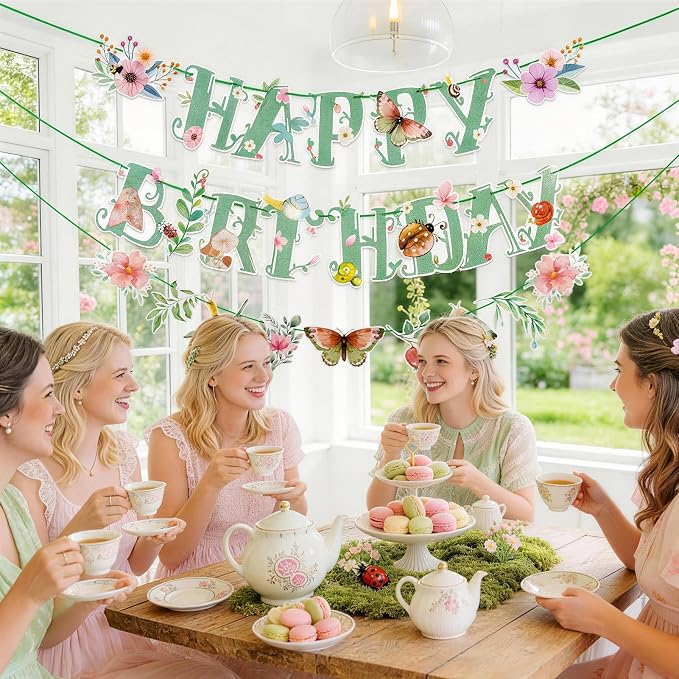 SUNBEAUTY Wildflower Happy Birthday Banner Sage Green Floral Flower Party - Image 5