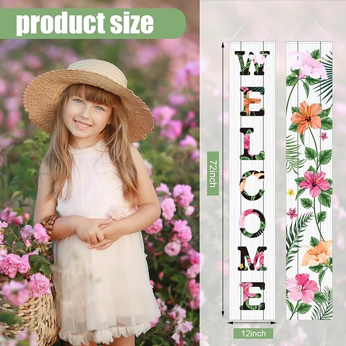 Frienda 2 Pcs Spring Welcome Floral Porch Banners 72"x12" Summer Flower Hanging - Image 2