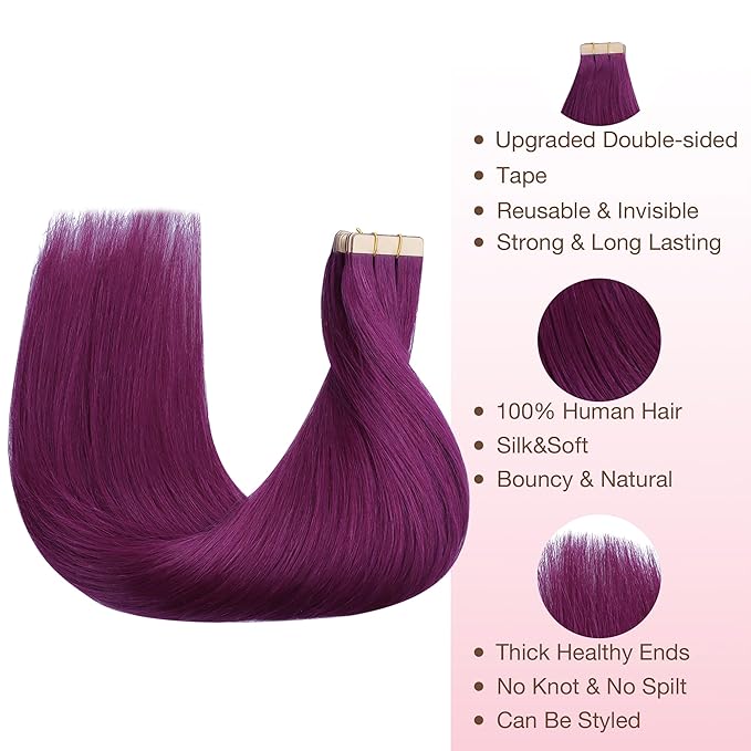 GOO GOO Tape in Hair Extensions Human Hair, Violet, 22inch 30g 10pcs, Colored Tape ins Human Hair Extensions, Silky&Soft Invisible Tape Ins, Hair Highlighted for Party