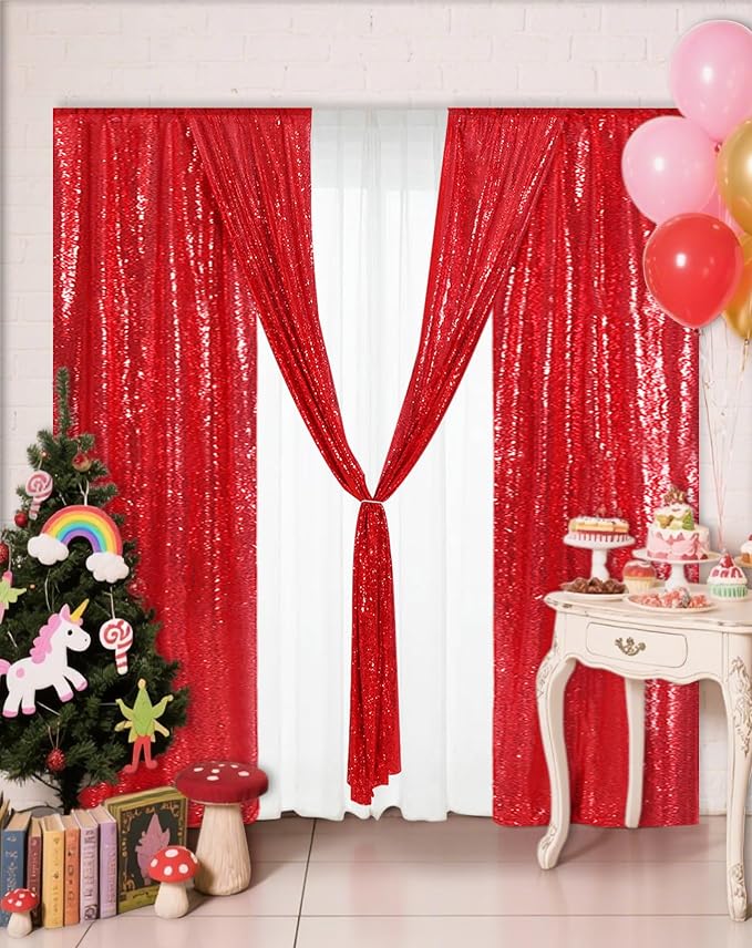 Eternal Beauty Red Sequin Backdrop Curtains, 4 Panels 2x8FT | 3mm Sparkle - Image 4